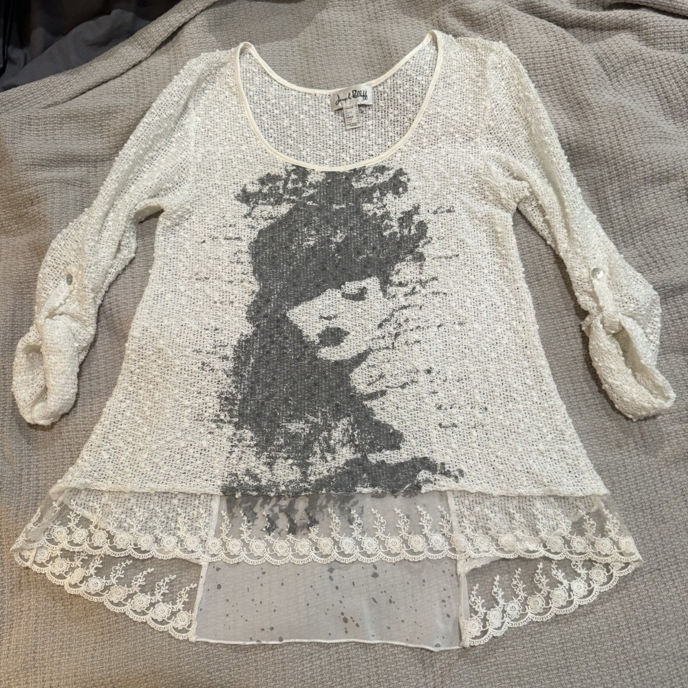 Joseph Ribkoff Off White Knit Scoop Neck Long Sleeve Top Size 12 Lace Embellish